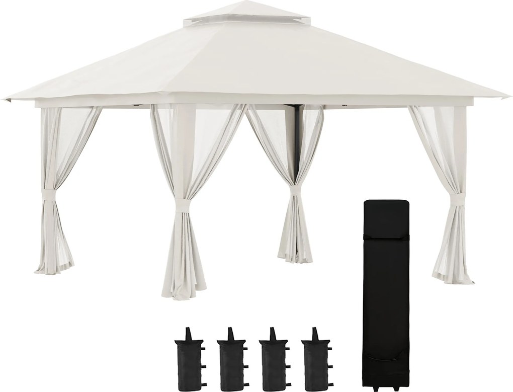 Gazebo Pieghevole 4x4 m ad Altezza Regolabile con Zanzariera e Borsa in Metallo e Tessuto Oxford Crema...