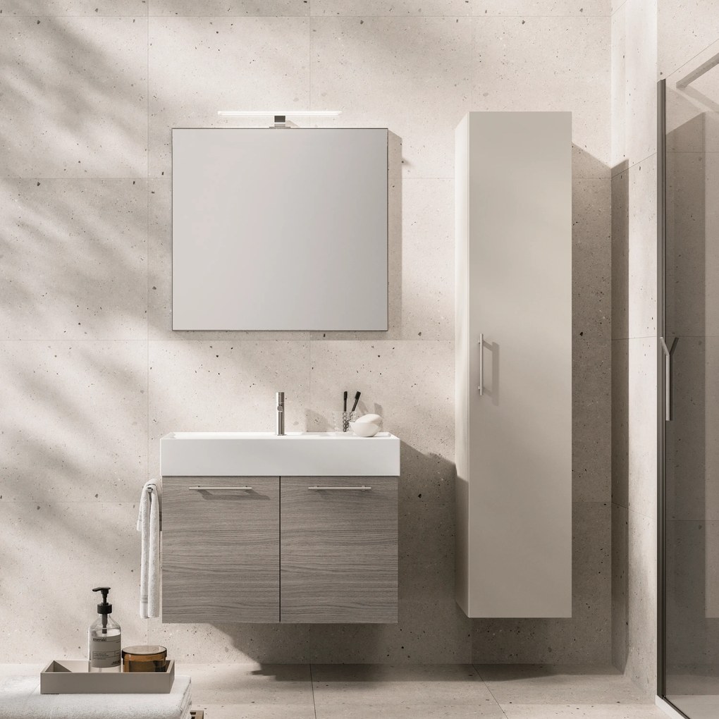 Mobile Bagno Sospeso 80 Cm Due Ante Specchio Con Illuminazione Led Artesi "KA02" Rovere Chiostro/Biscotto