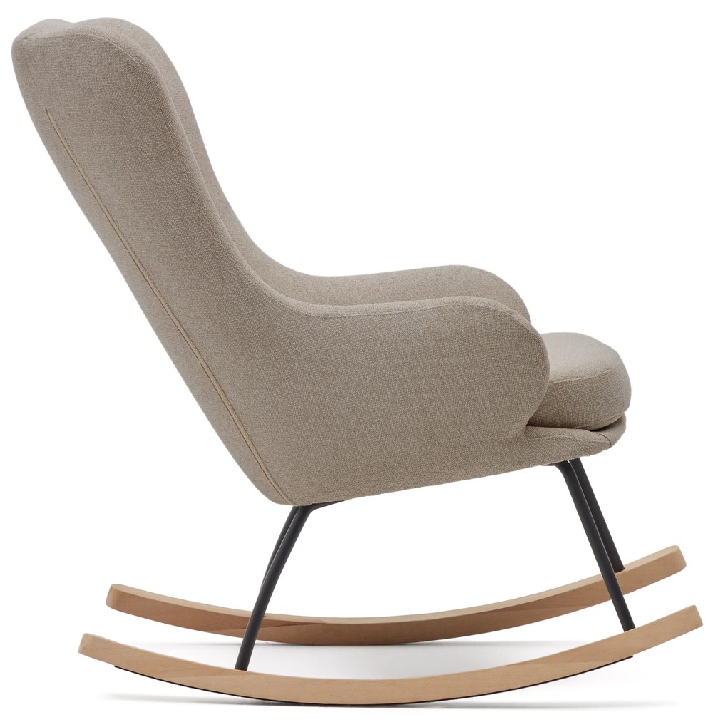 Kave Home - Poltrona a Dondolo in ciniglia beige, telaio in acciaio nero e legno di faggio.