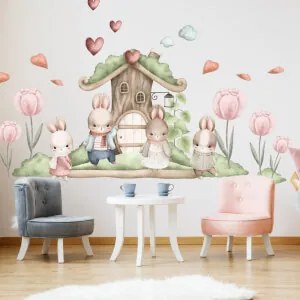 Adesivo murale - Coniglietti e la casa nel bosco | Inspio