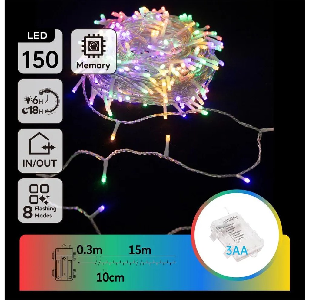 Aigostar -Catena LED natalizia da esterno 150xLED/8 funzioni 3xAA 15,3m IP44 multicolore
