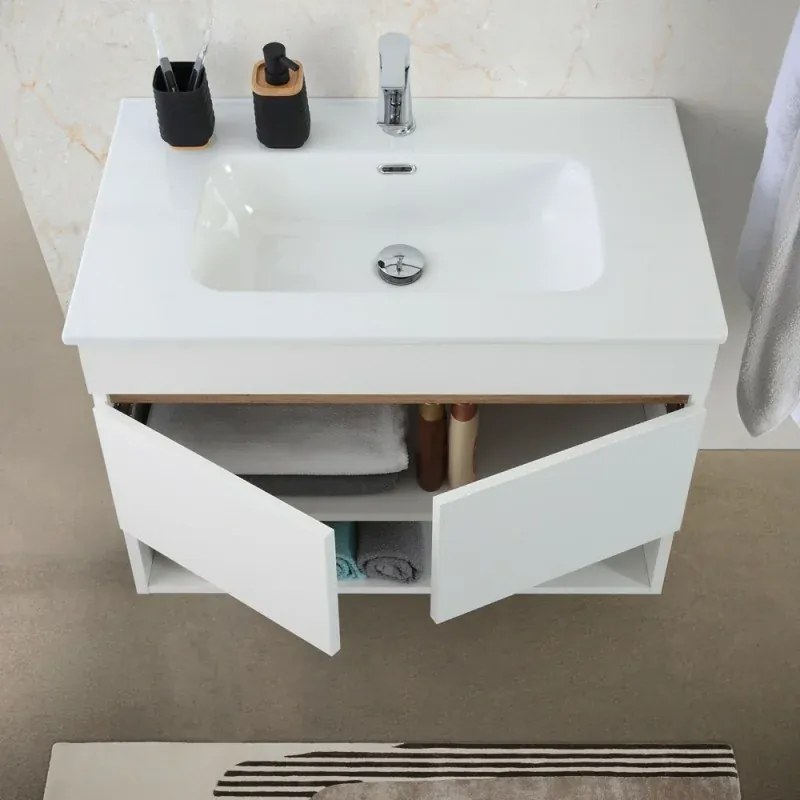 Mobile bagno sospeso 80 cm bianco e rovere con ante e vano a giorno Kleo