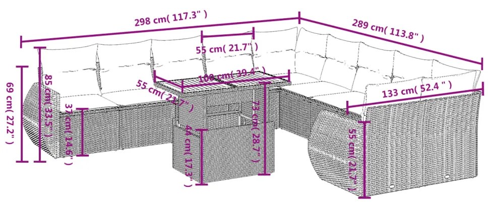 Set divani da giardino 11 pz con cuscini in polyrattan nero