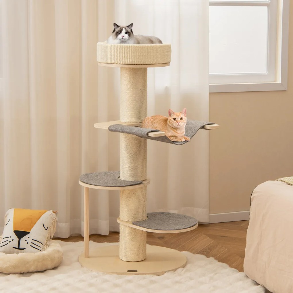 Costway Albero per gatti da 120cm con tiragraffi in sisal rinforzato tappetino in sisal, Torre per gatti in legno multi-livello Grigio