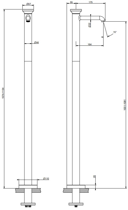 Parte esterna miscelatore lavabo da terra senza scarico parte incasso non inclusa brass brushed 66095 Gessi