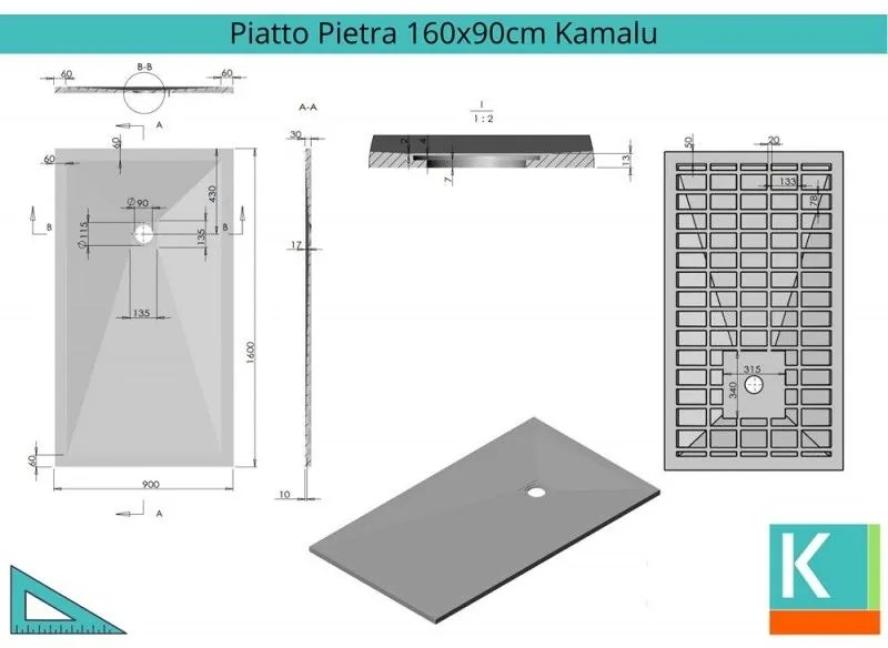 Kamalu - piatto doccia 160x90 pietra artificiale colore antracite nero