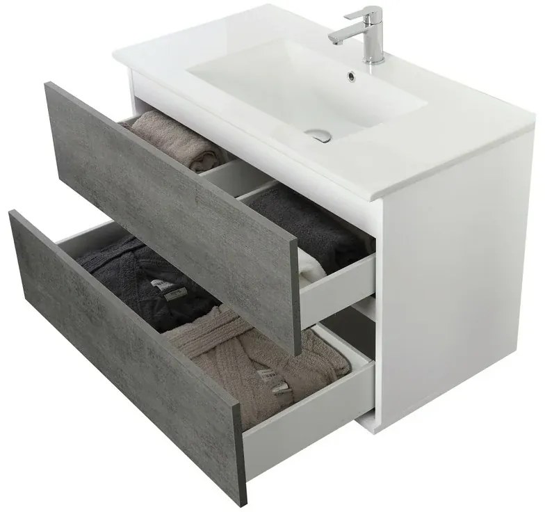 Mobile Bagno sospeso 90 cm colore cemento con 2 cassetti lavabo e specchio