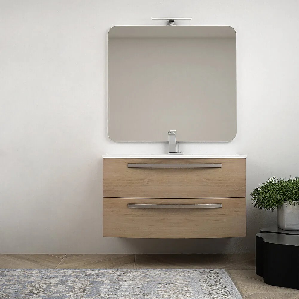 Mobile bagno Rovere tabacco 100 cm sospeso bombato modello Berlino con specchio filo lucido