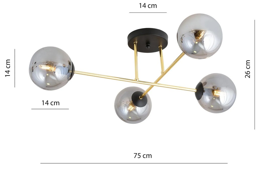 Plafoniera Moderna Magnium 4 Luci In Acciao Oro E Sfere In Vetro Fumè