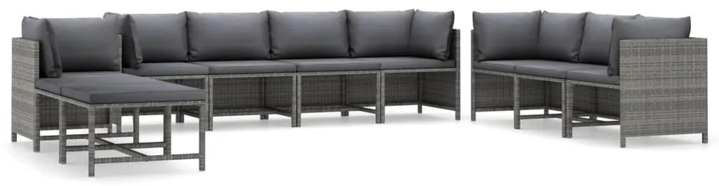 Set divani da giardino 10 pz con cuscini in polyrattan grigio