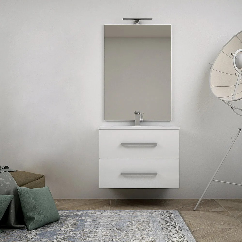 Mobile bagno sospeso bianco lucido 75 cm Mosca con specchio filo lucido