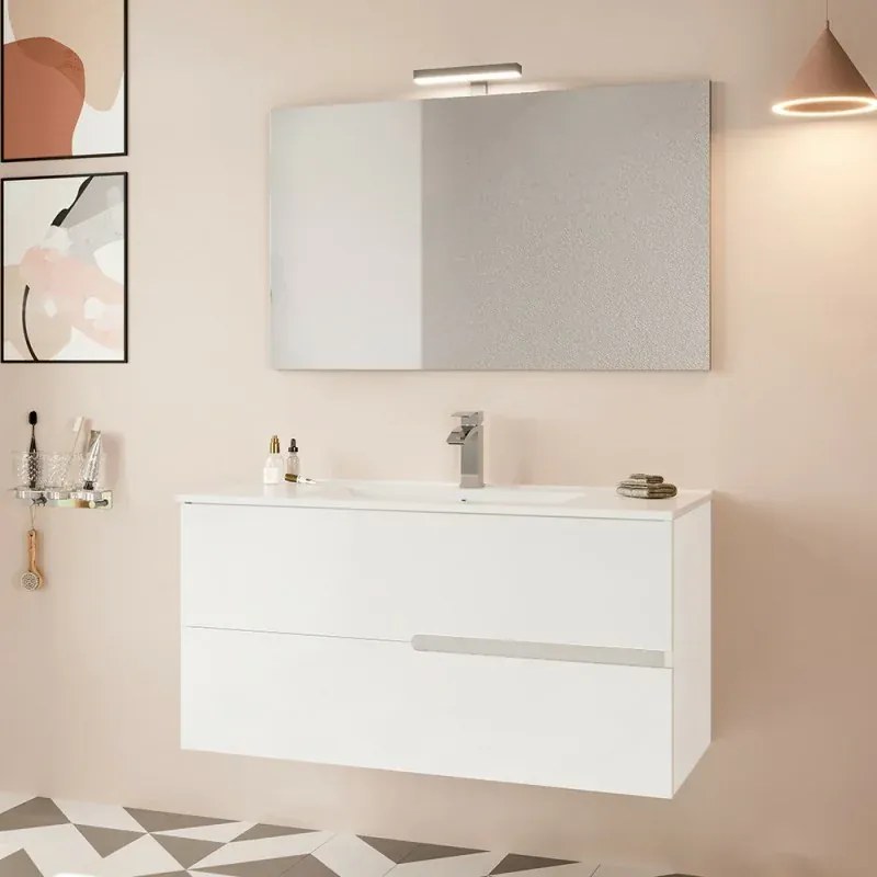 Mobile bagno sospeso 100 bianco lucido con lavabo e specchio LED Eva