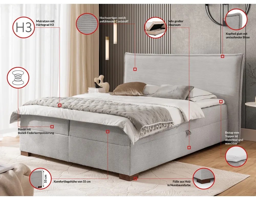 Letto boxspring grigio chiaro con contenitore 140x200 cm Lysa – Ropez