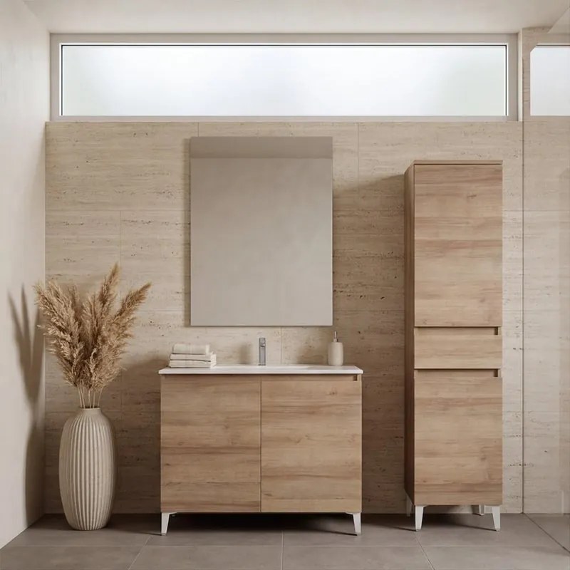 Mobile bagno con lavabo Revital L100 x H86 x P46 cm, due ante, rovere