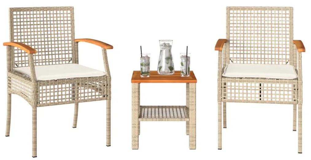 Set Da Bistrò 3 Pz Con Cuscini Beige Polyrattan E Legno Acacia /