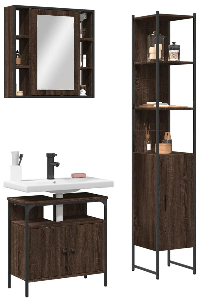 Set Mobili Da Bagno 3 Pz Rovere Marrone İn Legno Multistrato /