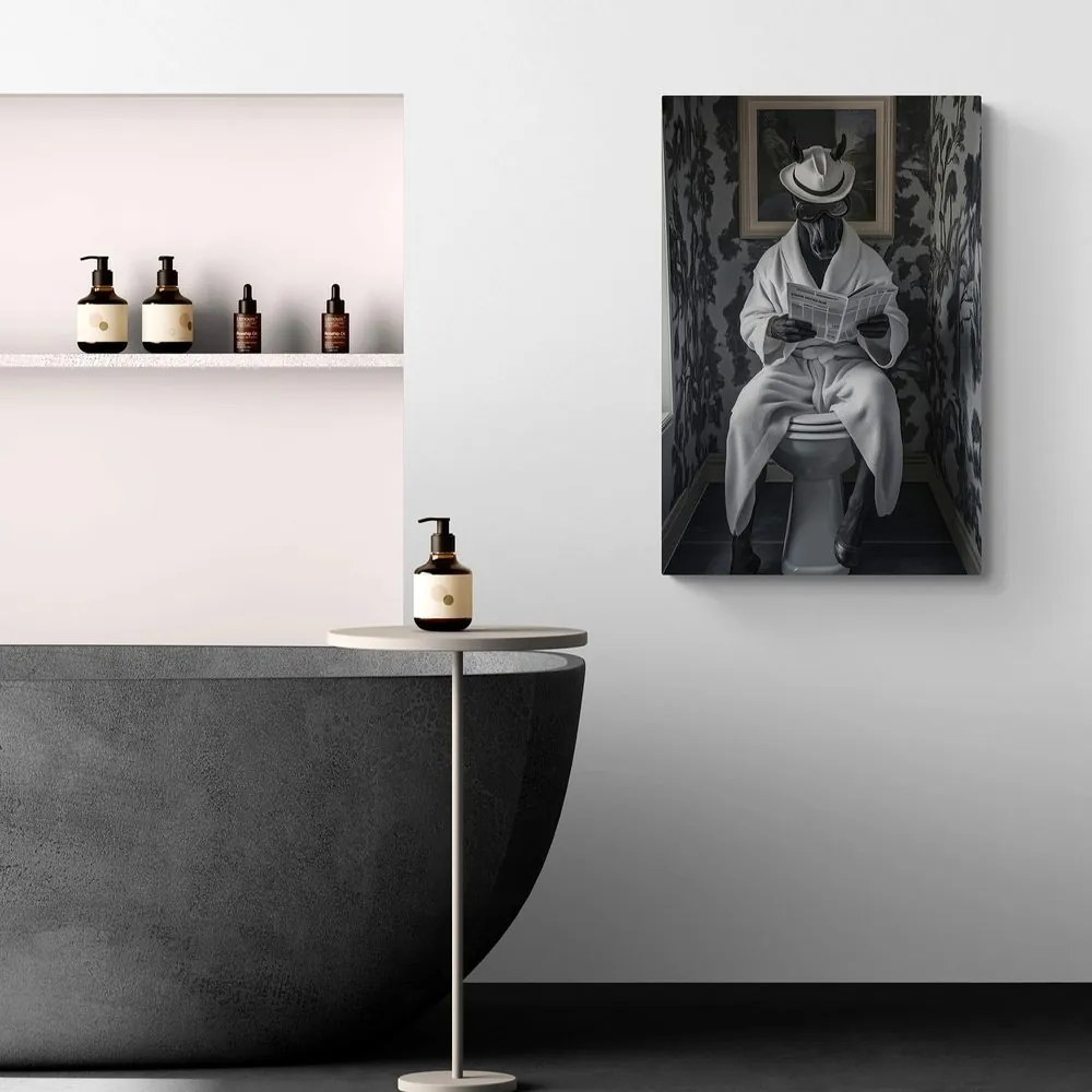 Quadro su tela – Cavallo nero con giornali in bagno