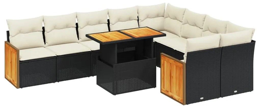 Set divani da giardino 10pz con cuscini in polyrattan nero