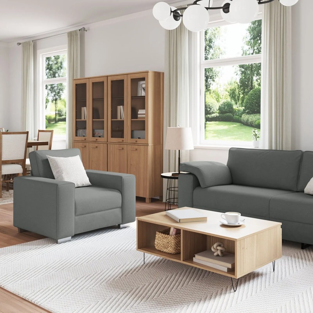 Set divano 3 pezzi con cuscini grigi scuri