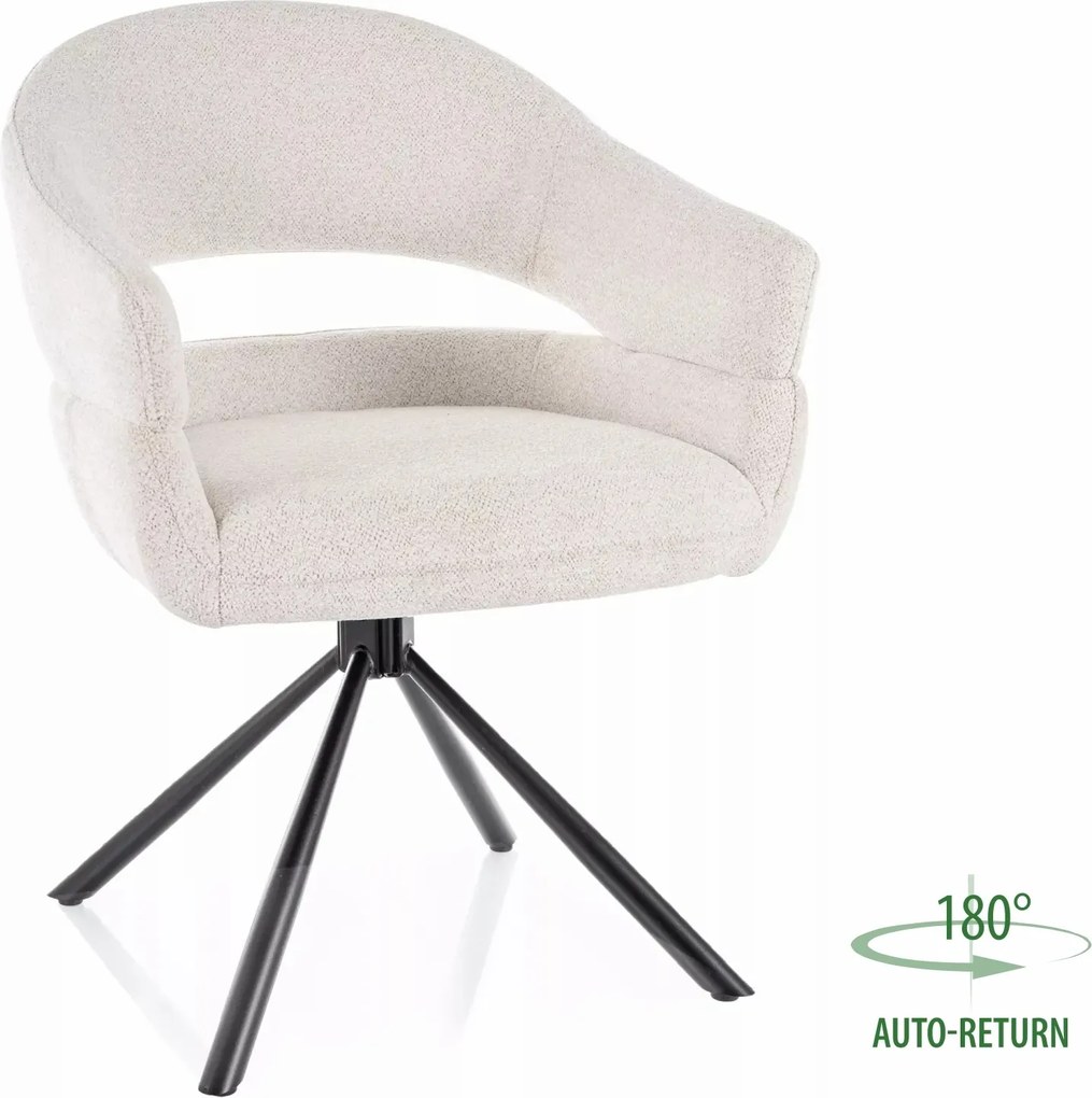 Sedia Borgo Raven in tessuto beige con struttura in metallo nero opaco e seduta girevole auto-return – 58x87 cm