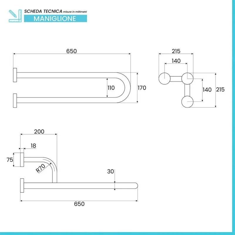 Barra di sostegno bianca con rinforzo 65 cm destro