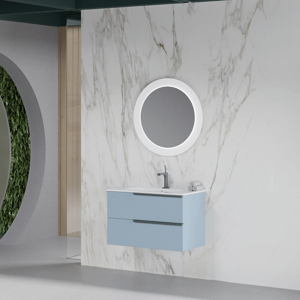 Mobile Bagno Sospeso 100 Cm Due Cassetti Specchio Con Illuminazione Led Diametro 75 Cm Cm Savini Due "Oikos" Blu Pastello Opaco