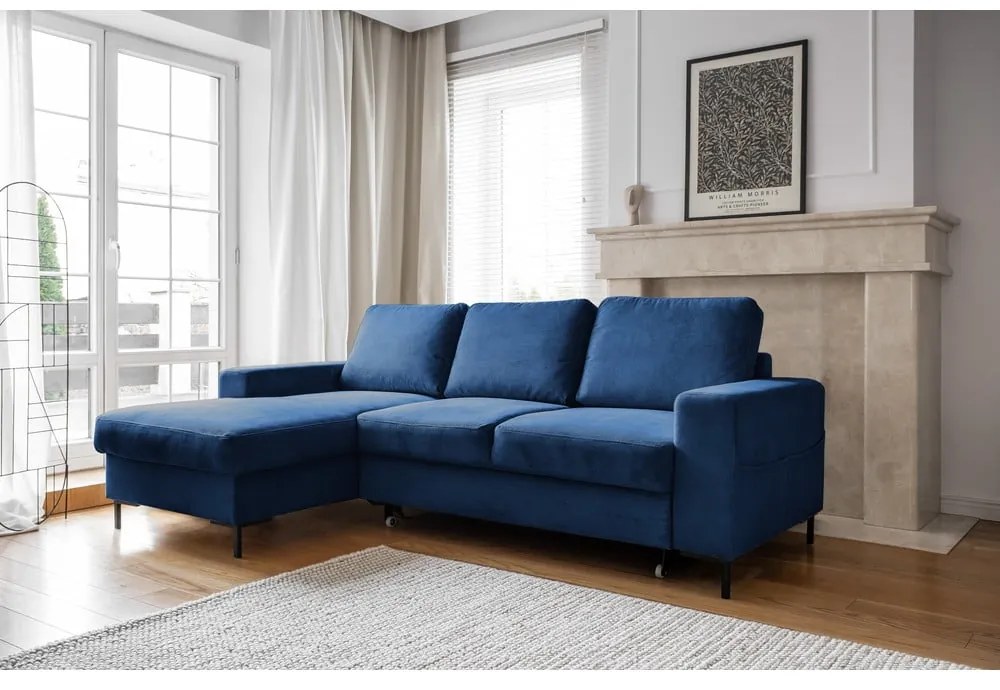Divano letto angolare in velluto a coste blu scuro (angolo sinistro) Lofty Lilly - Miuform