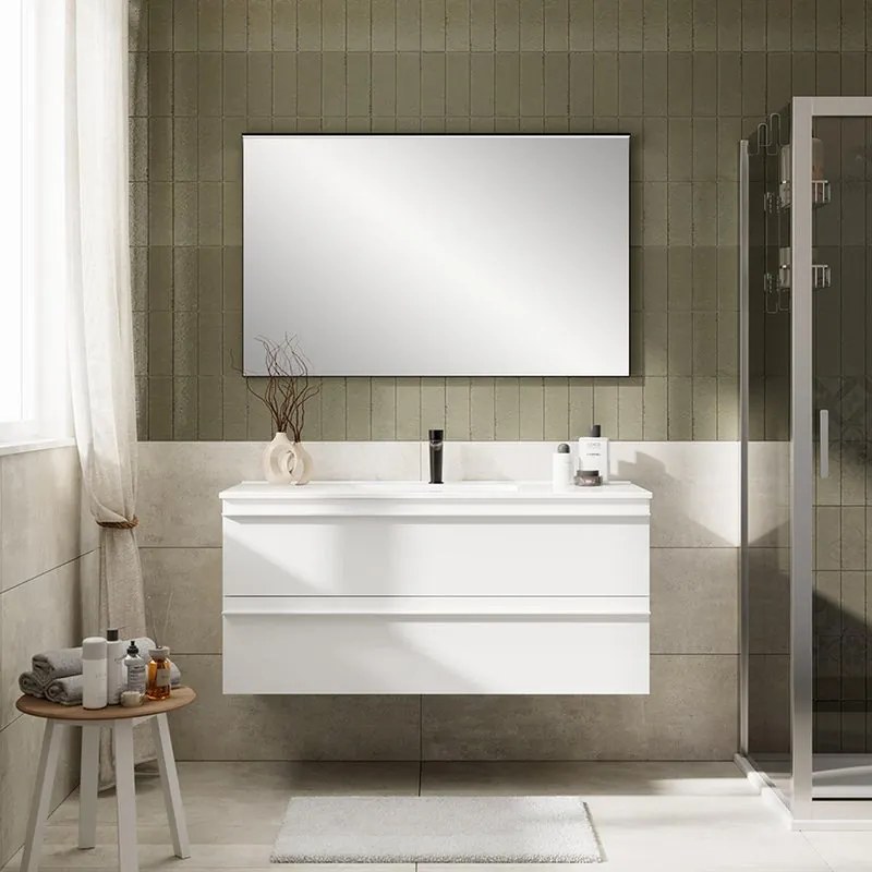 Mobile Linea L120 H55 P45 laccato bianco opaco 2 cassetti a chiusura ammortizzata e lavabo in ceramica vasca centrale