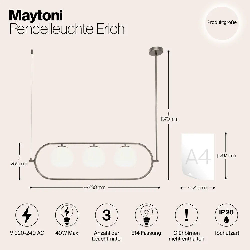 Sospensione Contemporanea Erich In Metallo Nichel 3 Luci E Diffusori Bianchi