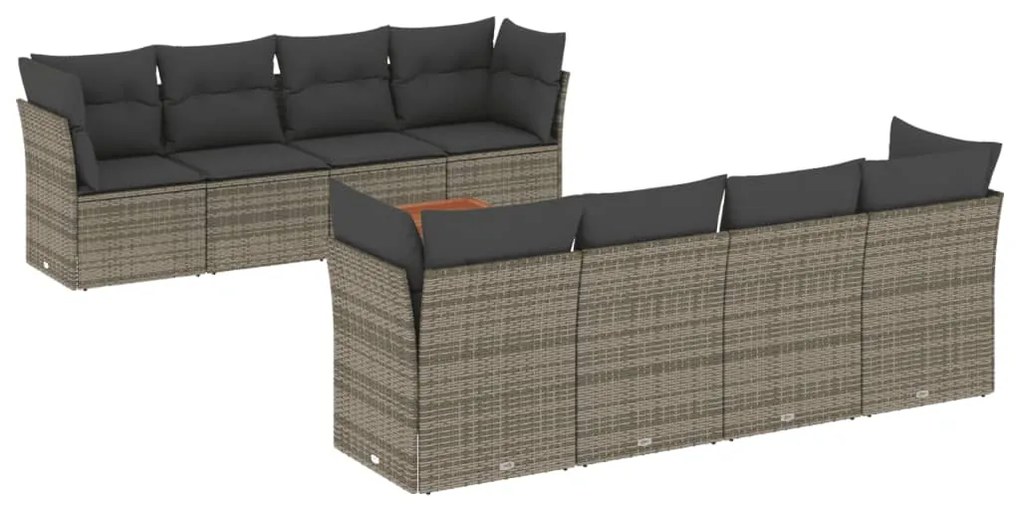 Set Divano da Giardino 9 pz con Cuscini Grigio in Polyrattan