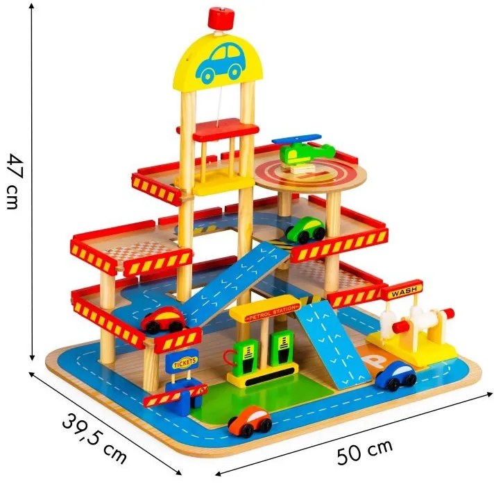 Ampio garage in legno con macchinine per bambini