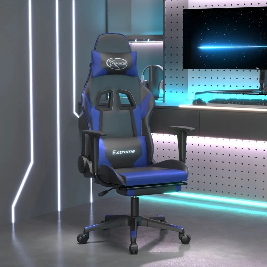 Sedia da gaming massaggiante poggiapiedi nero e blu similpelle