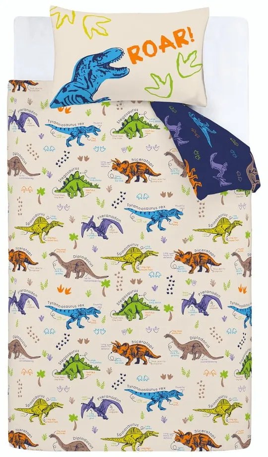 Set copripiumino e federa da bambini blu e beige per letto matrimoniale 200x200 cm Prehistoric Dinosaurs – Catherine Lansfield