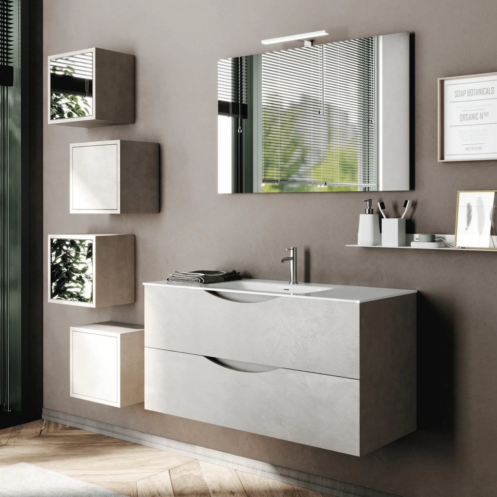 Mobile Bagno Sospeso 100 Cm Due Cassetti Specchio Con Lampada Led 100x70 Cm Italbagno "Martina"
