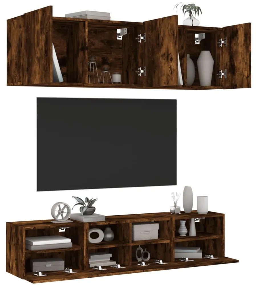 Mobili Tv A Muro 5pz Rovere Fumo İn Legno Multistrato /