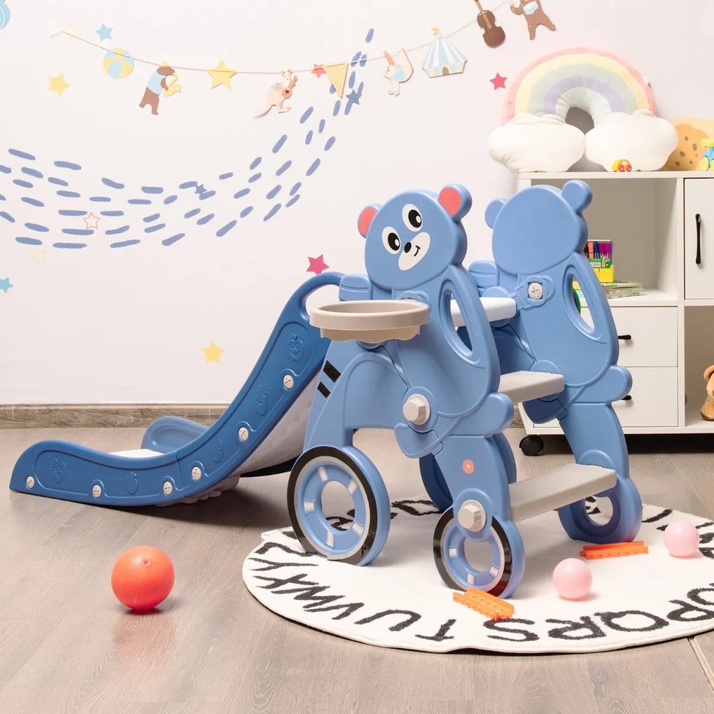 Costway Scivolo 3 in 1 per bambini con canestro e anelli per interno, Scivolo pieghevole a forma di orsetto Blu