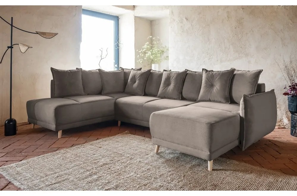 Divano letto angolare in velluto a coste marrone chiaro (angolo sinistro a forma di U) Lazy Lukka - Miuform