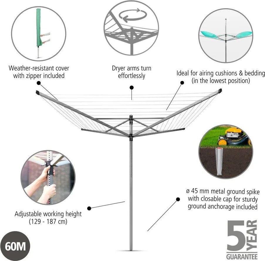 Stendino da giardino argentato 60 m Lift-O-Matic – Brabantia