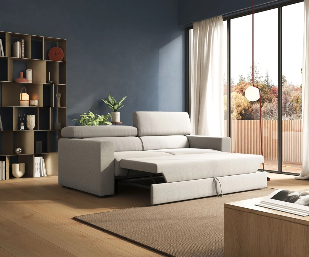 Dylan divano allungabile con pouf estraibile poggiapiedi in tessuto fiammato simil cotone impermeabile T19 panna