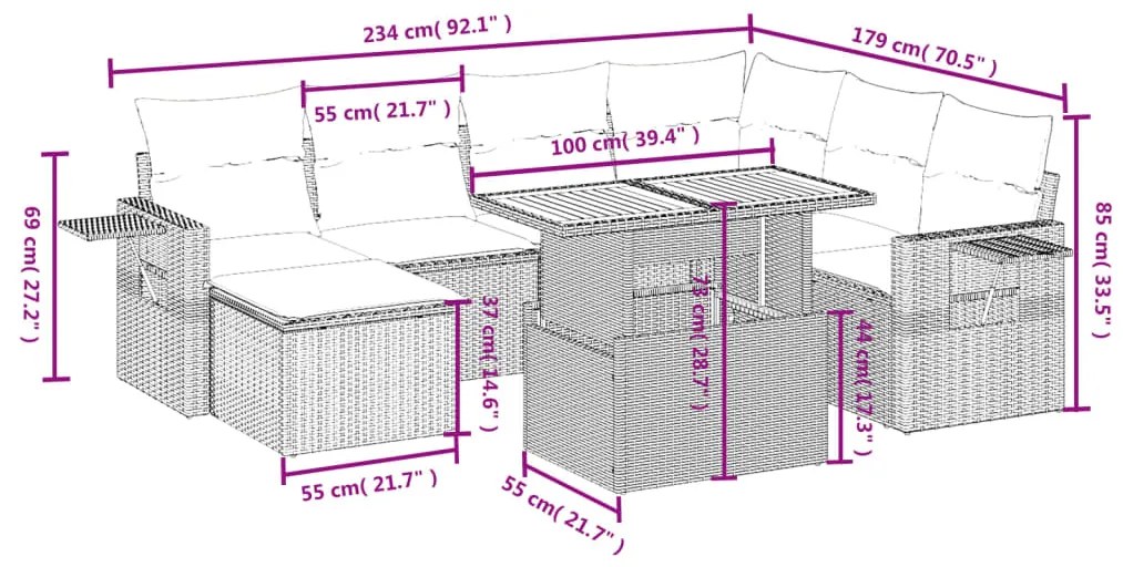 Set divano da giardino 8 pz con cuscini grigio in polyrattan