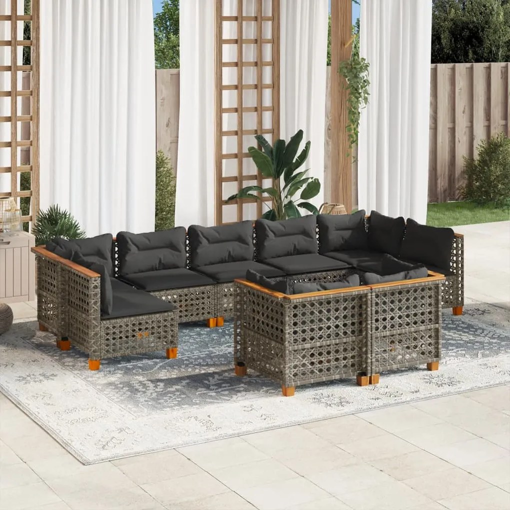 Set divano da giardino 9 pz con cuscini grigio in polyrattan