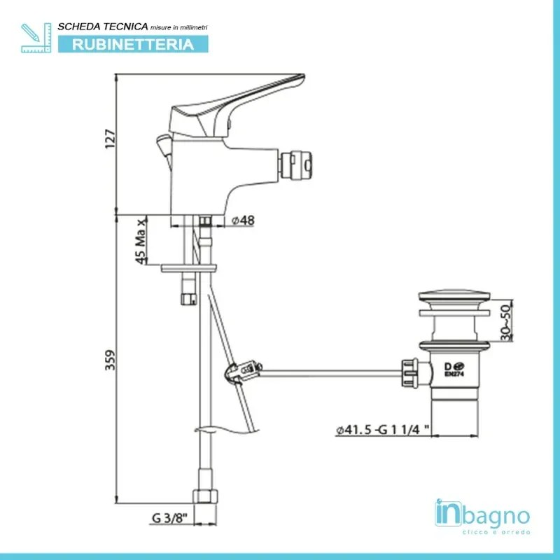 Set miscelatori lavabo bidet e vasca con kit doccia cromati Piralla Ariel scarico incluso