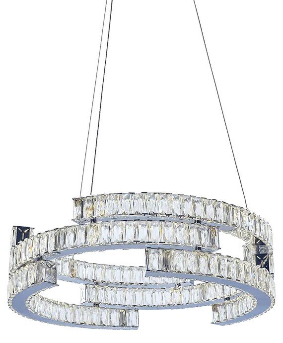 Lampadario A Sospensione Moderno Aisha 3 Livelli Metallo Cromo Cristallo Led 72W