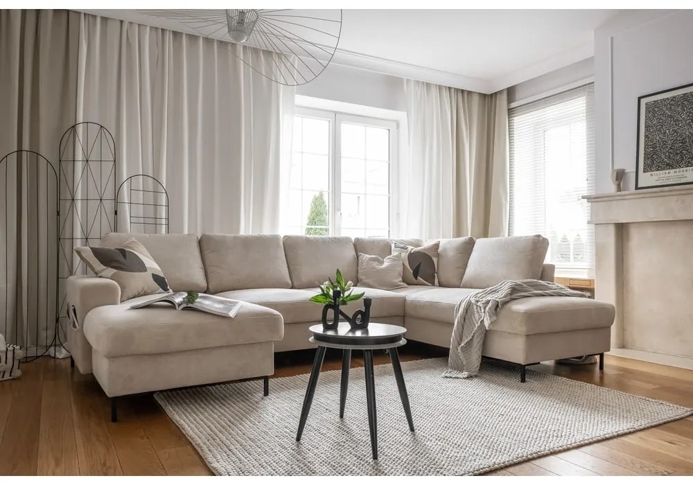 Divano letto angolare in velluto a coste beige (angolo destro) Lofty Lilly - Miuform