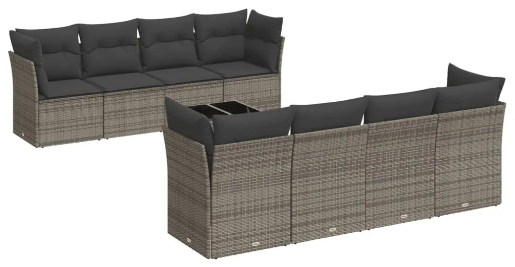 Set divano da giardino 9 pz con cuscini grigio in polyrattan