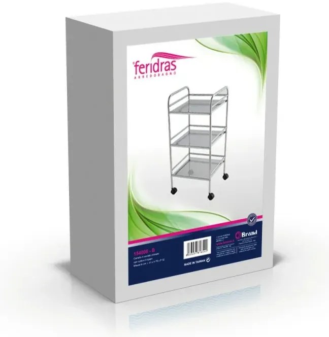 Carrello con ruote e tre ripiani in acciaio cromato in kit di montaggio