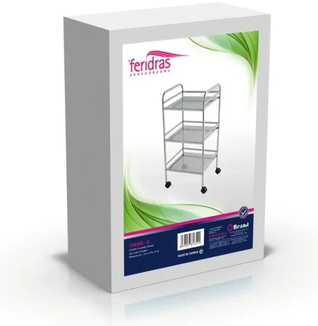 Carrello con ruote e tre ripiani in acciaio cromato in kit di montaggio