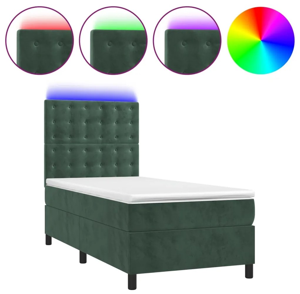 Letto a molle con materasso e led verde scuro 90x190 cm velluto