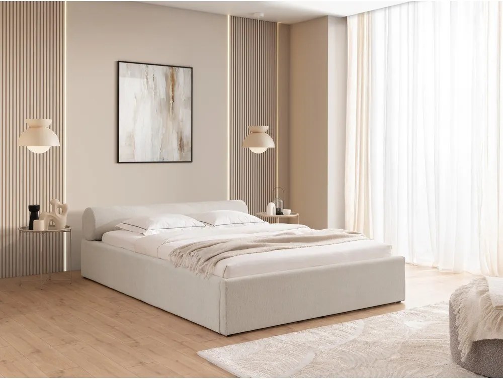 Letto matrimoniale imbottito beige con contenitore con rete inclusa 200x200 cm Cille – Ropez