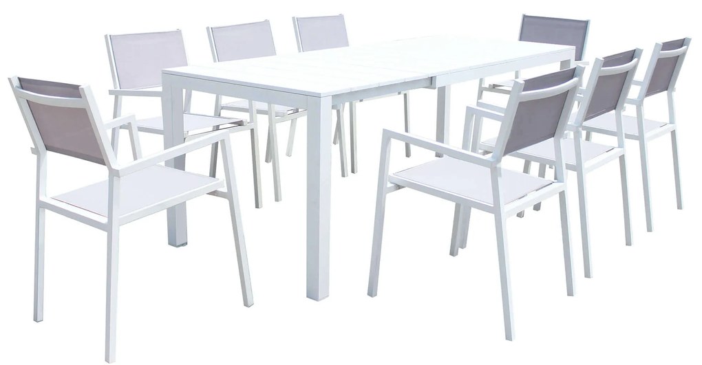ALASKA - set tavolo in alluminio cm 148/214 x 85 x 75,5 h con 8 poltrone Aulus